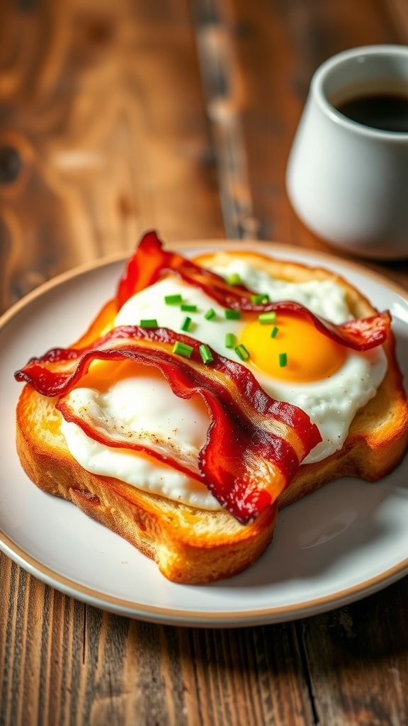 Air fryer bacon and egg toast with crispy bacon, eggs on toast, garnished with chives on a wooden table.